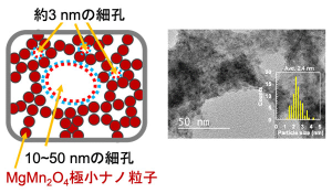 図2. 超多孔質MgMn2O4極小ナノ粒子の模式図（左）と電子顕微鏡像（右）。