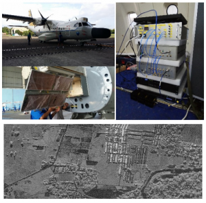 開発した円偏波合成開口レーダ(CP-SAR)<br />  （左上）試験観測に使用したCN235航空機、（左中）円偏波送受信用アレーアンテナ、（上右）機内の実験様子、（下）インドネシアマカッサル市街の円偏波合成開口レーダ画像