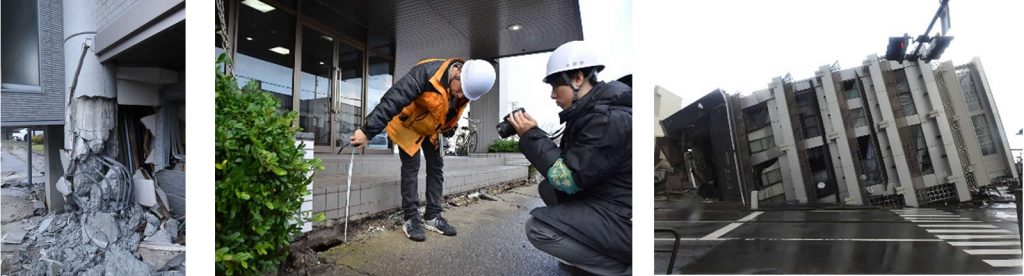 図１　（左）せん断破壊した鉄筋コンクリート造柱、（中央）　地盤沈下の実測、（右）転倒した鉄筋コンクリート造建物