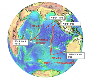 図1：白鳳丸2024年インド洋航海の寄港予定と調査海域