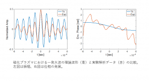 磁化プラズマにおける一発大波の理論波形（青）と実験解析データ（赤）の比較。左図は振幅、右図は位相の発展。