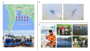 (a) Survey in 12 points in the Gulf of Thailand, (b) investigated MPs by zooplankton, and (c) international network for MPs research in freshwater environments. 