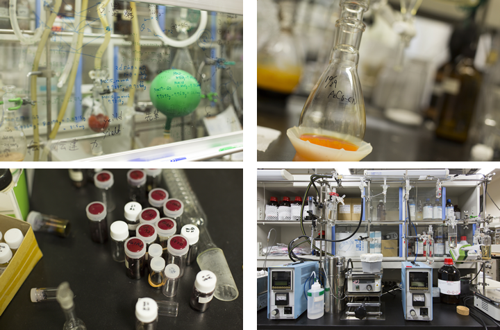 有機合成、無機化学、プロセス工学に分かれた実験室を行き来しながら、学生たちはそれぞれの研究を行っている。