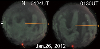 図４　2012年1月26日、ノルウェー・トロムソでの全天カメラによる観測。白い部分がオーロラで、点滅している。左図（グリニッジ標準時午前1時24分）から右図（同1時30分）に変化するにつれて、徐々に指状の構造が南北に発達し、ぱらばらになっていくのがわかる。両図において、画面の右側から中央に向かう線分は、他の研究者によって天頂に向かって打ち上げられているレーザーレーダーの光。（塩川教授提供）
