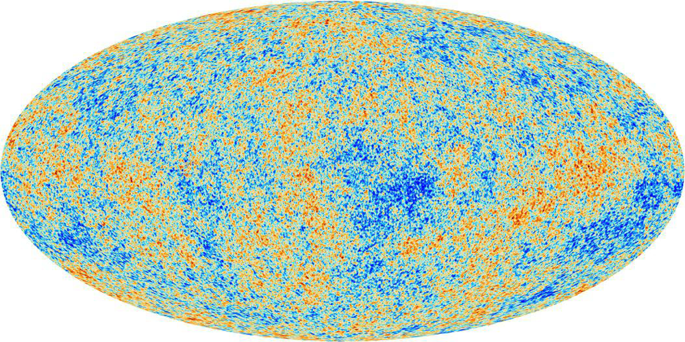 　図１ ESA（欧州宇宙機関）の天文衛星「プランク」によって観測された宇宙マイクロ波背景放射。2013年発表。色の違いは、宇宙全体にわずかにあった温度のムラを示している。それが宇宙の各場所における密度の違いとなり、今日の宇宙の構造につながっている。 画像提供: ESA and the Planck Collaboration　http://www.esa.int/spaceinimages/Images/2013/03/Planck_CMB