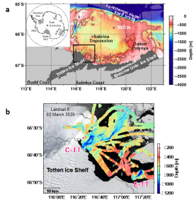 図1　(a)本研究で明らかになったサブリナ海岸沖海底地形の概要と(b)トッテン氷河前(aの中の黒枠に対応)での詳細観測による海底地形。