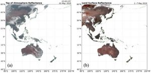 図. ひまわり８号データより推定した地表面反射率データの一例 (Li et al., 2025; Zhang et al. 2025)。(a)は大気上端反射率、(b)は地表面反射率。